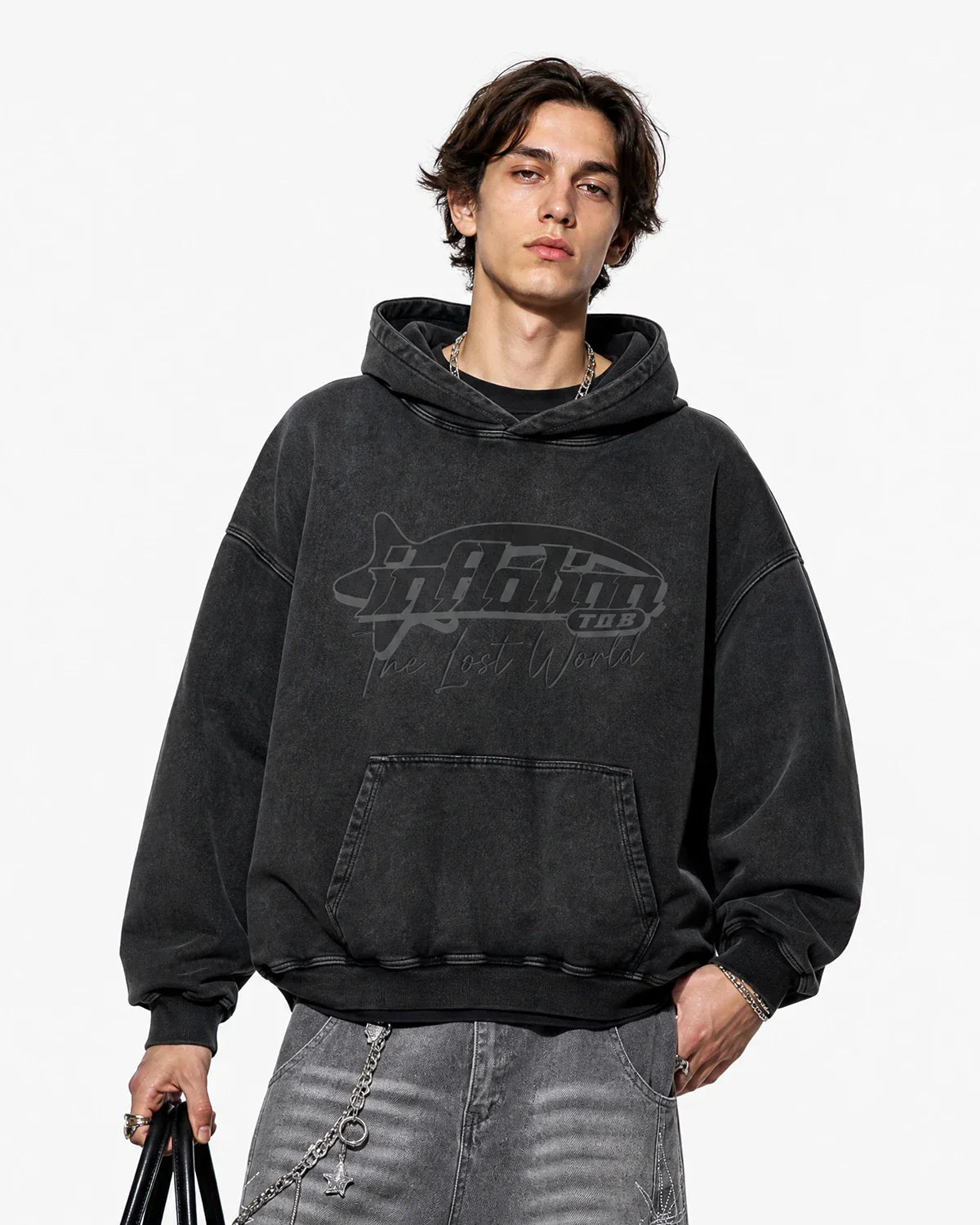 Graphic washed hoodie by INFLATION featuring bold streetwear design and soft, distressed fabric in a casual fit.