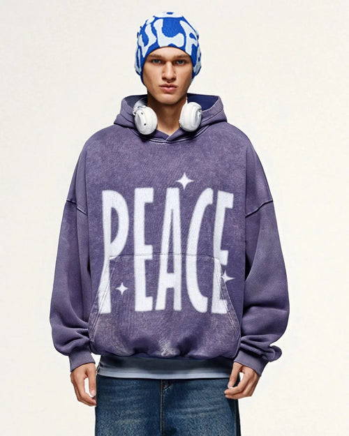 Inflation "Peace" acid washed hoodie featuring a relaxed fit and streetwear style, with a bold graphic design on the front.