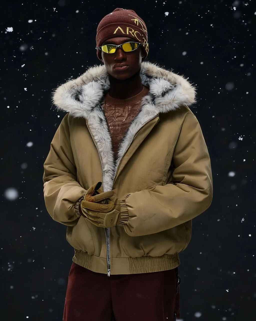 Inflation brand faux fur lined padded bomber jacket with quilted exterior and ribbed cuffs, displayed on a hanger.