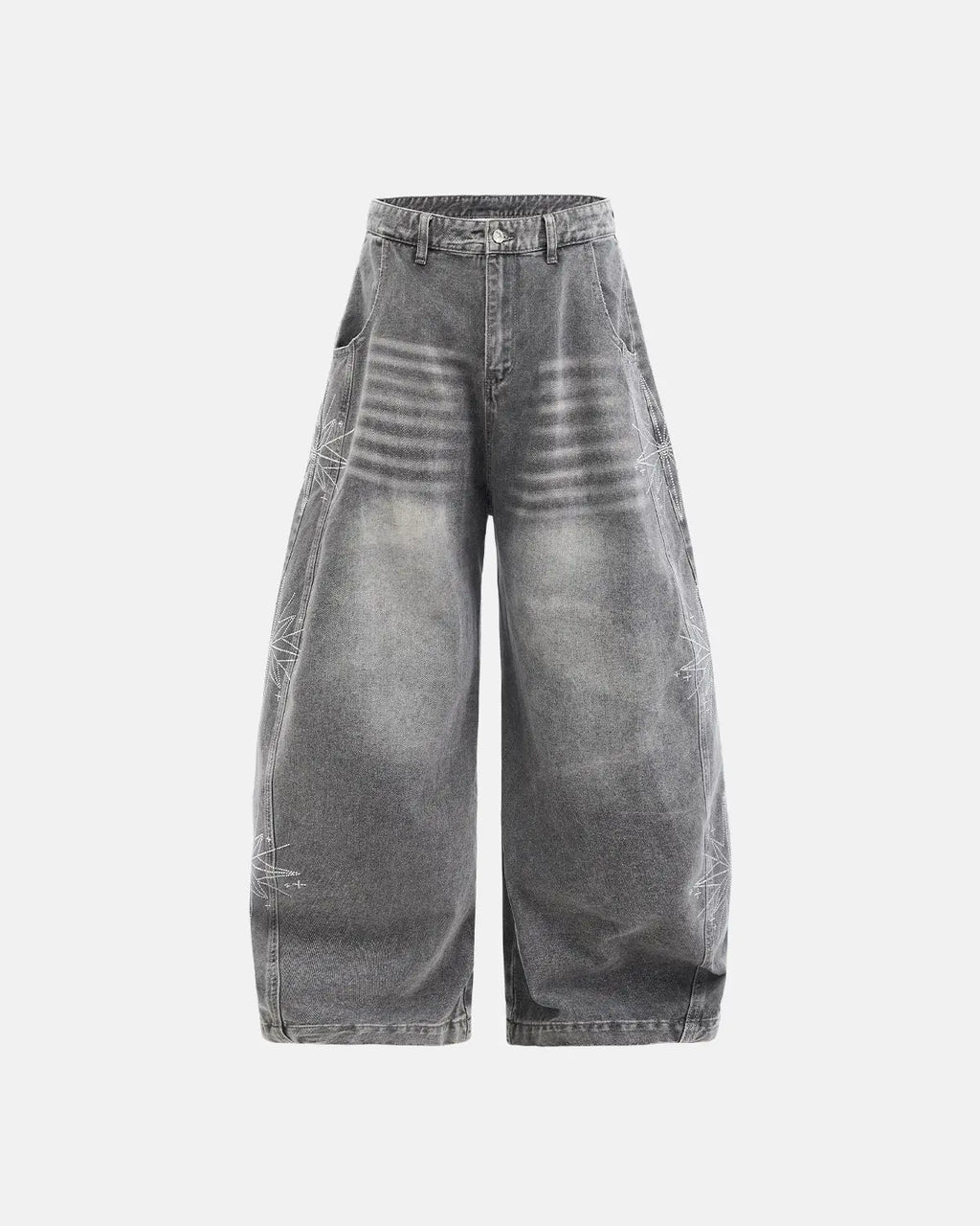 Inflation brand star graphic rhinestone barrel baggy jeans, stylish streetwear pants with star embellishments and rhinestone details.