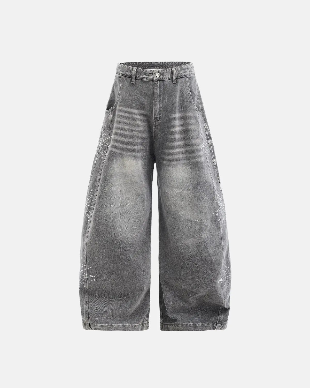 Inflation brand star graphic rhinestone barrel baggy jeans, stylish streetwear pants with star embellishments and rhinestone details.