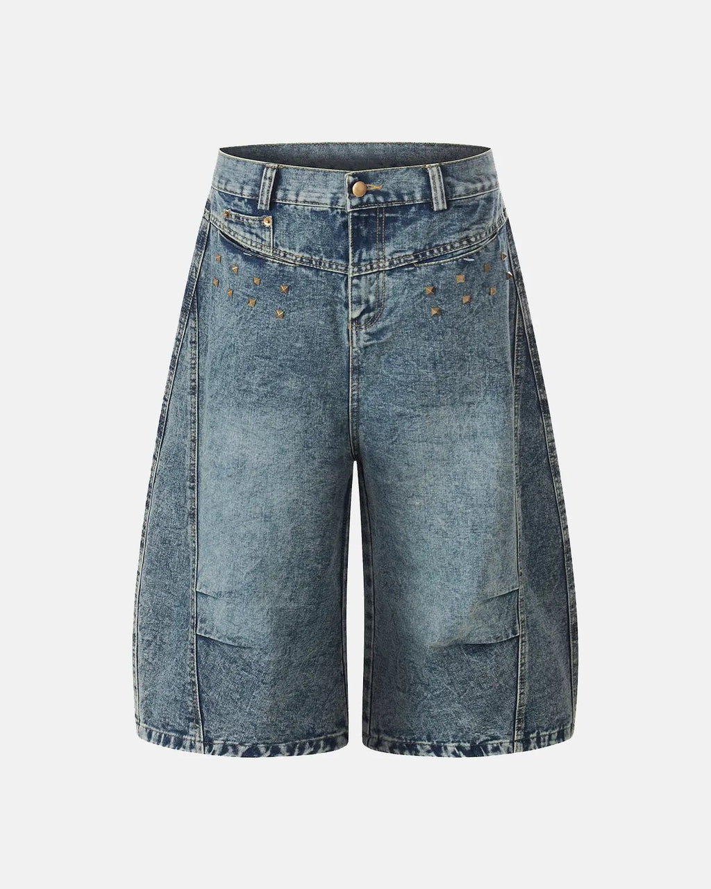 Inflation brand studded washed long baggy jorts pants with distressed denim and metal stud details, casual streetwear style.