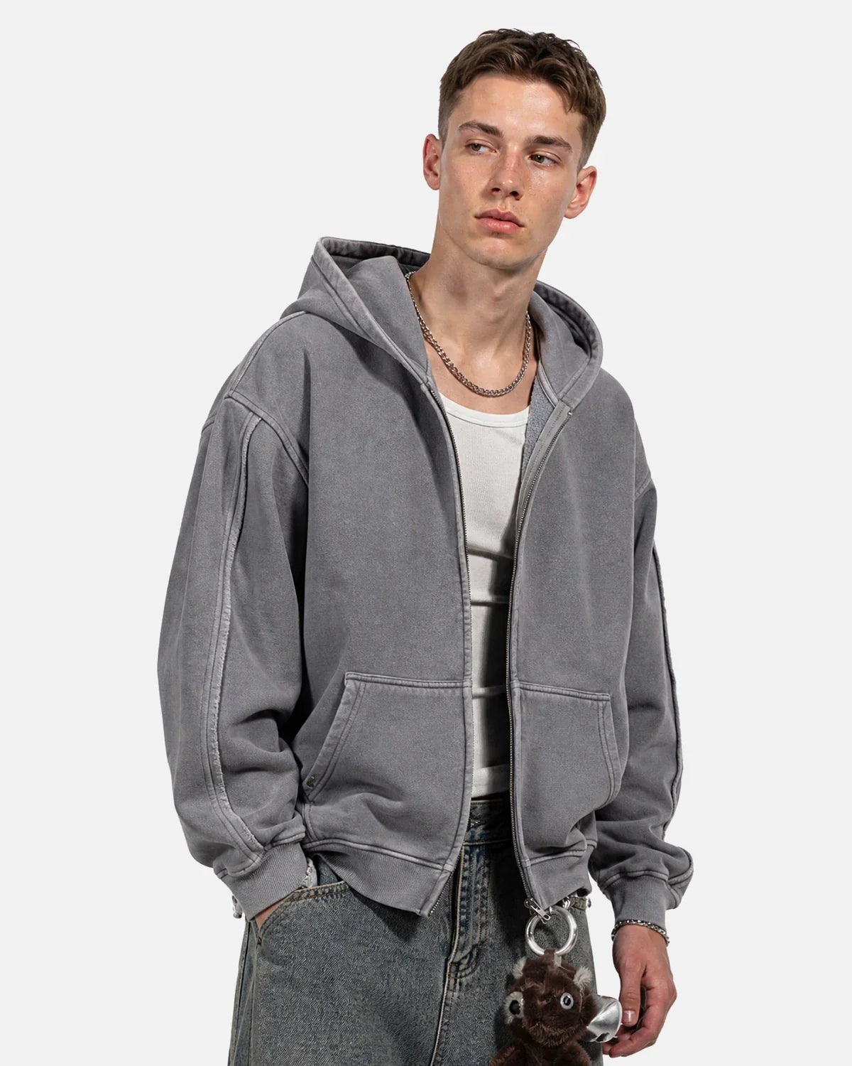 Washed raw edge boxy zip-up hoodie by INFLATION Streetwear with a relaxed fit and casual style.