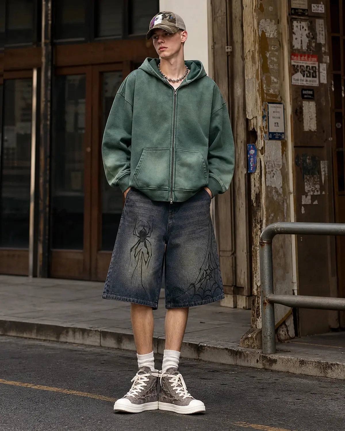 Inflation Spider Straight Leg Jorts in denim, featuring a relaxed fit and distressed details, casual streetwear pants.