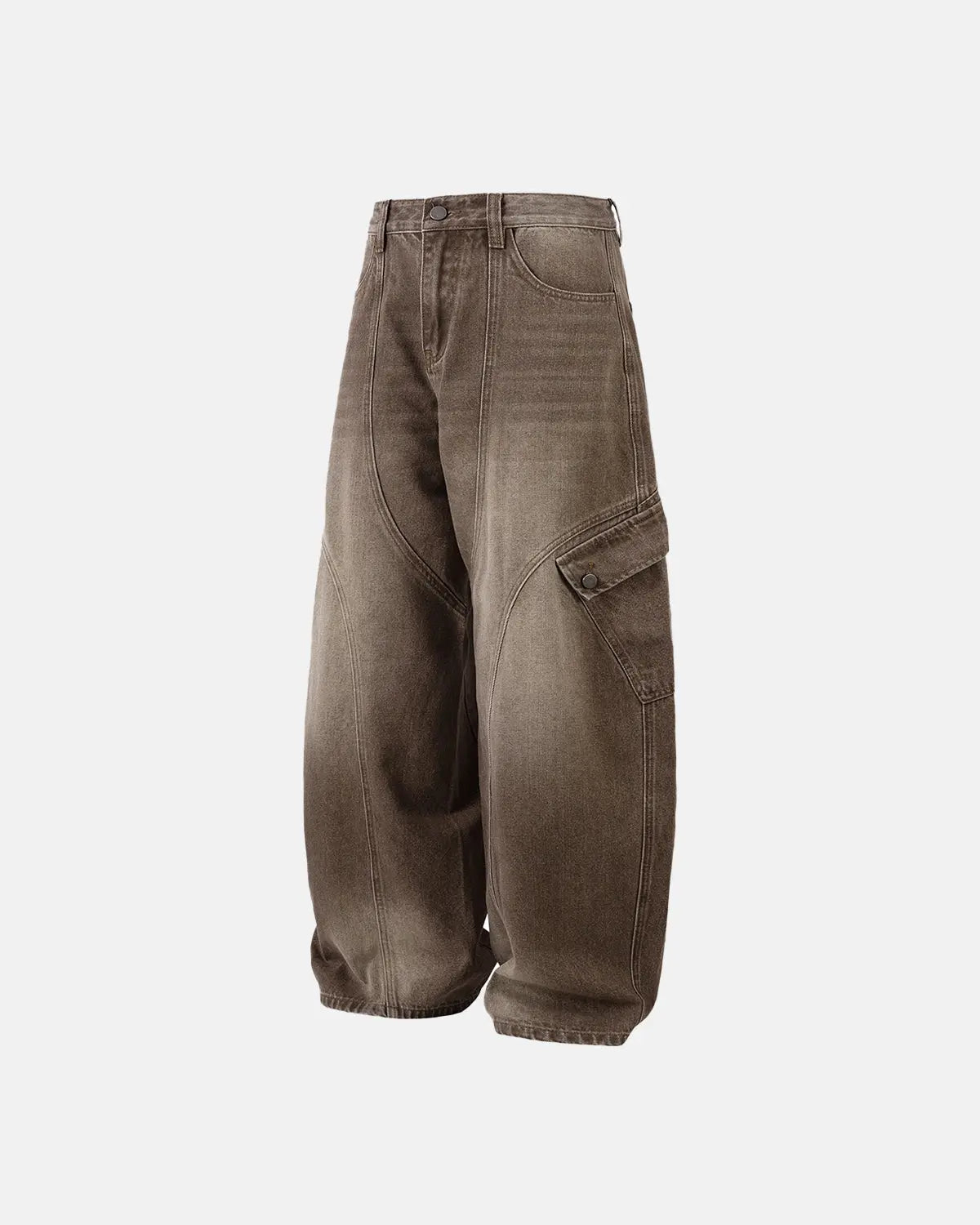 Inflation Brown Acid Wash Barrel Jeans with relaxed fit and faded denim texture, stylish streetwear for casual wear.