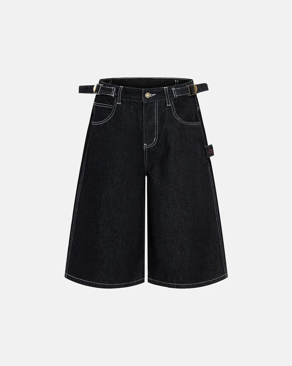 Inflation brand raw denim baggy jorts with adjustable tabs, casual streetwear pants featuring distressed denim and relaxed fit.