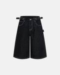 Inflation brand raw denim baggy jorts with adjustable tabs, casual streetwear pants featuring distressed denim and relaxed fit.