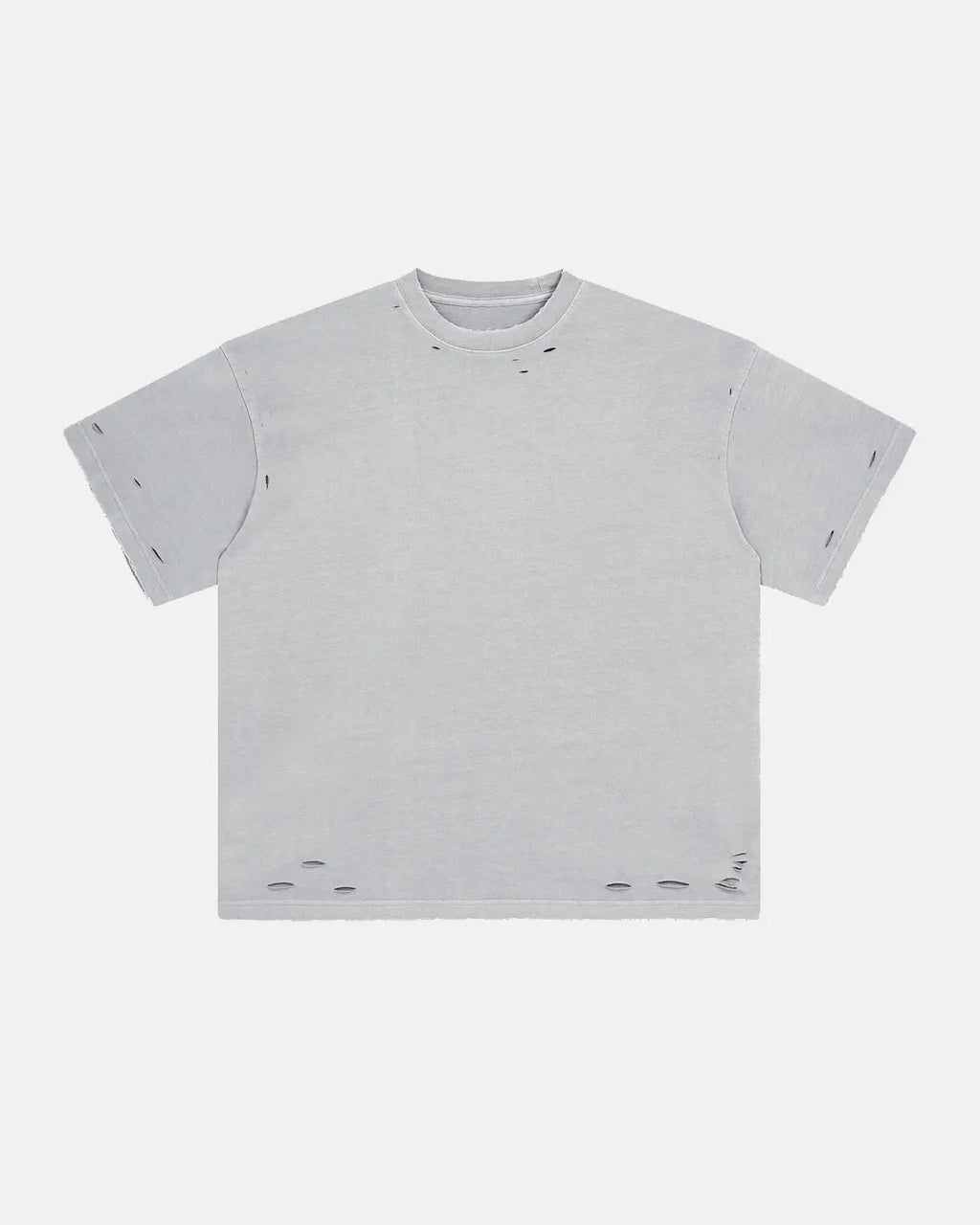 Inflation Streetwear ripped distressed washed oversized T-shirt with frayed holes and faded fabric, casual streetwear style.