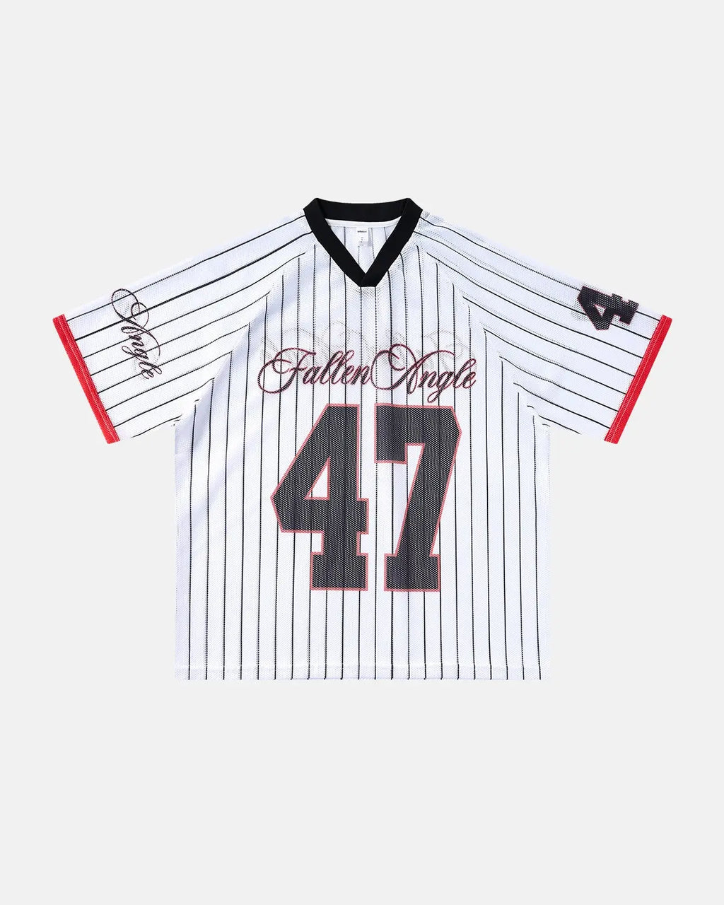 Inflation Streetwear pinstripe number mesh jersey with bold black and white stripes, featuring a sporty, lightweight design.