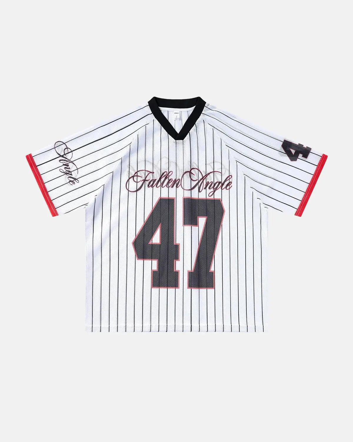 Inflation Streetwear pinstripe number mesh jersey with bold black and white stripes, featuring a sporty, lightweight design.