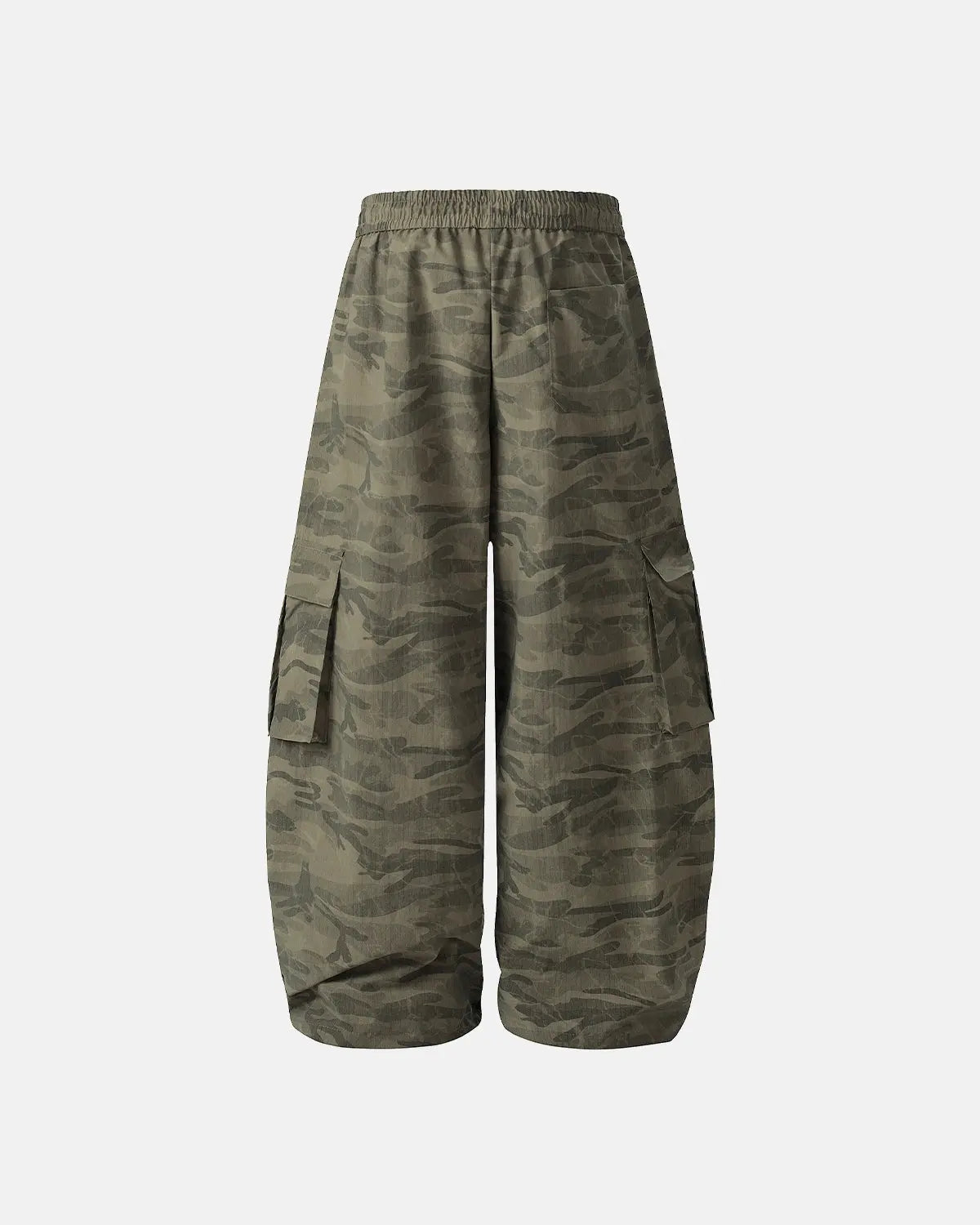 Camouflage cargo barrel pants by INFLATION featuring multiple pockets and a relaxed streetwear style.