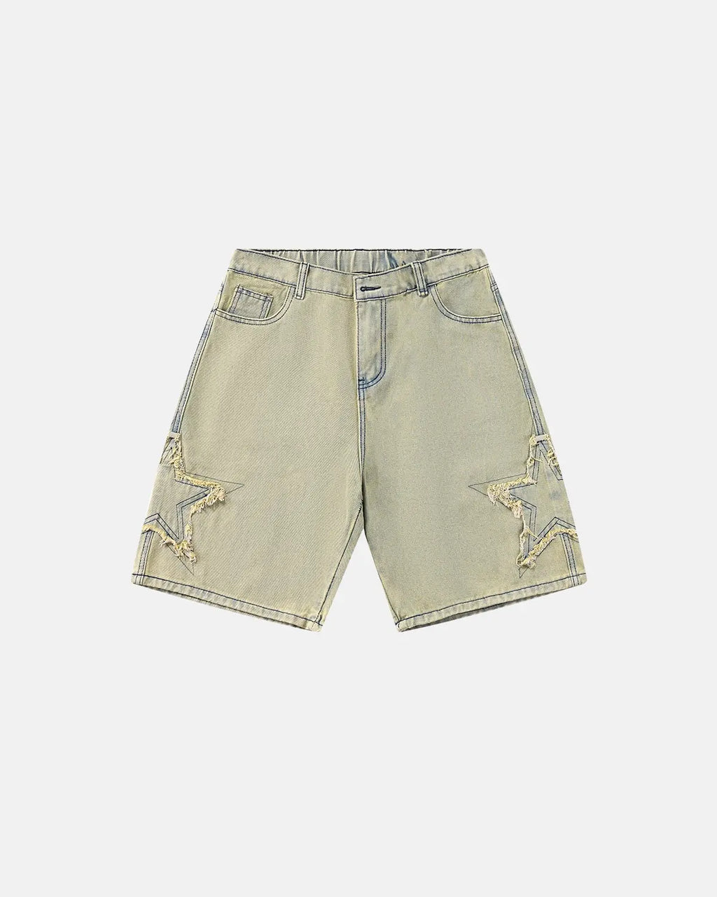 Distressed baggy jorts with star patches from Inflation Streetwear, showcasing a relaxed fit and edgy denim design.