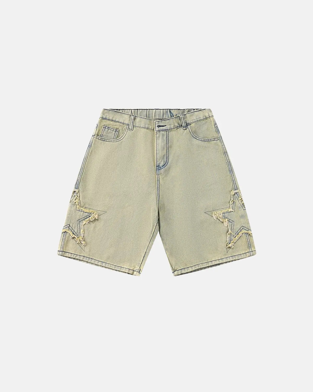 Distressed baggy jorts with star patches from Inflation Streetwear, showcasing a relaxed fit and edgy denim design.