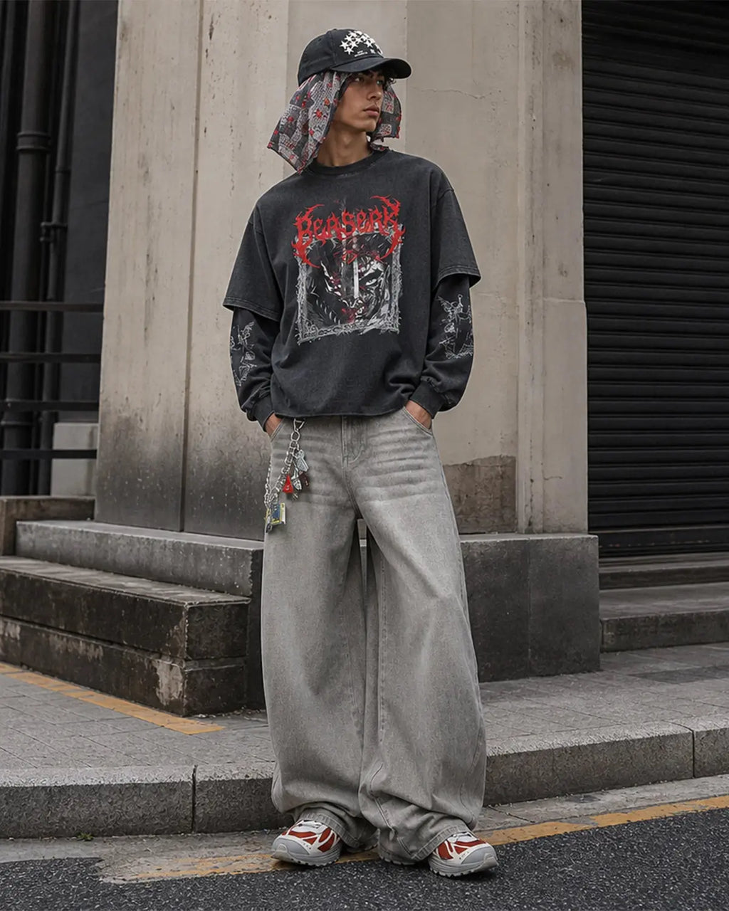 Inflation streetwear graphic distressed acid wash layered T-shirt, casual streetwear style, featuring a worn, vintage look.
