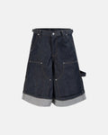 Raw denim carpenter long jorts by INFLATION, durable denim pants with utility pockets and a relaxed fit, styled for streetwear fashion.