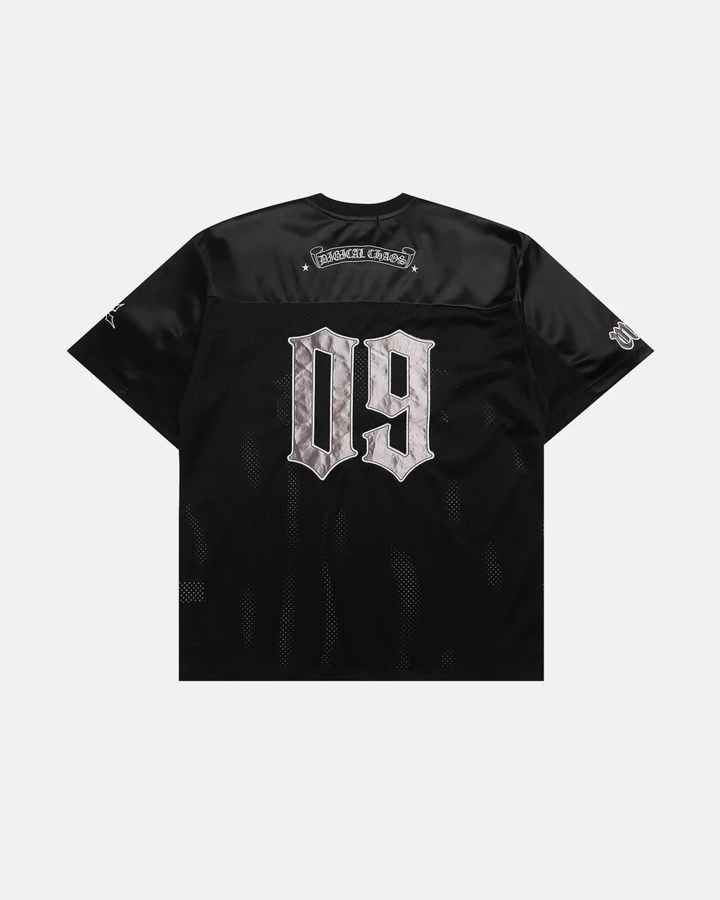 Gothic embroidered mesh jersey T-shirt by INFLATION with dark, intricate embroidery and sheer mesh fabric.