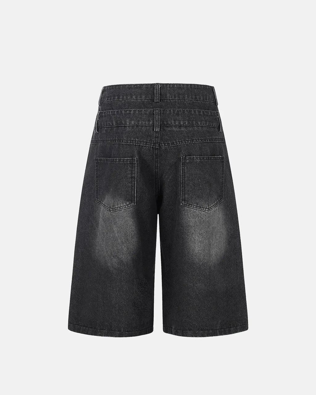 INFLATION Rhinestone Cross Double Waist Denim Jorts showing stylish distressed denim pants with rhinestone cross embellishments.
