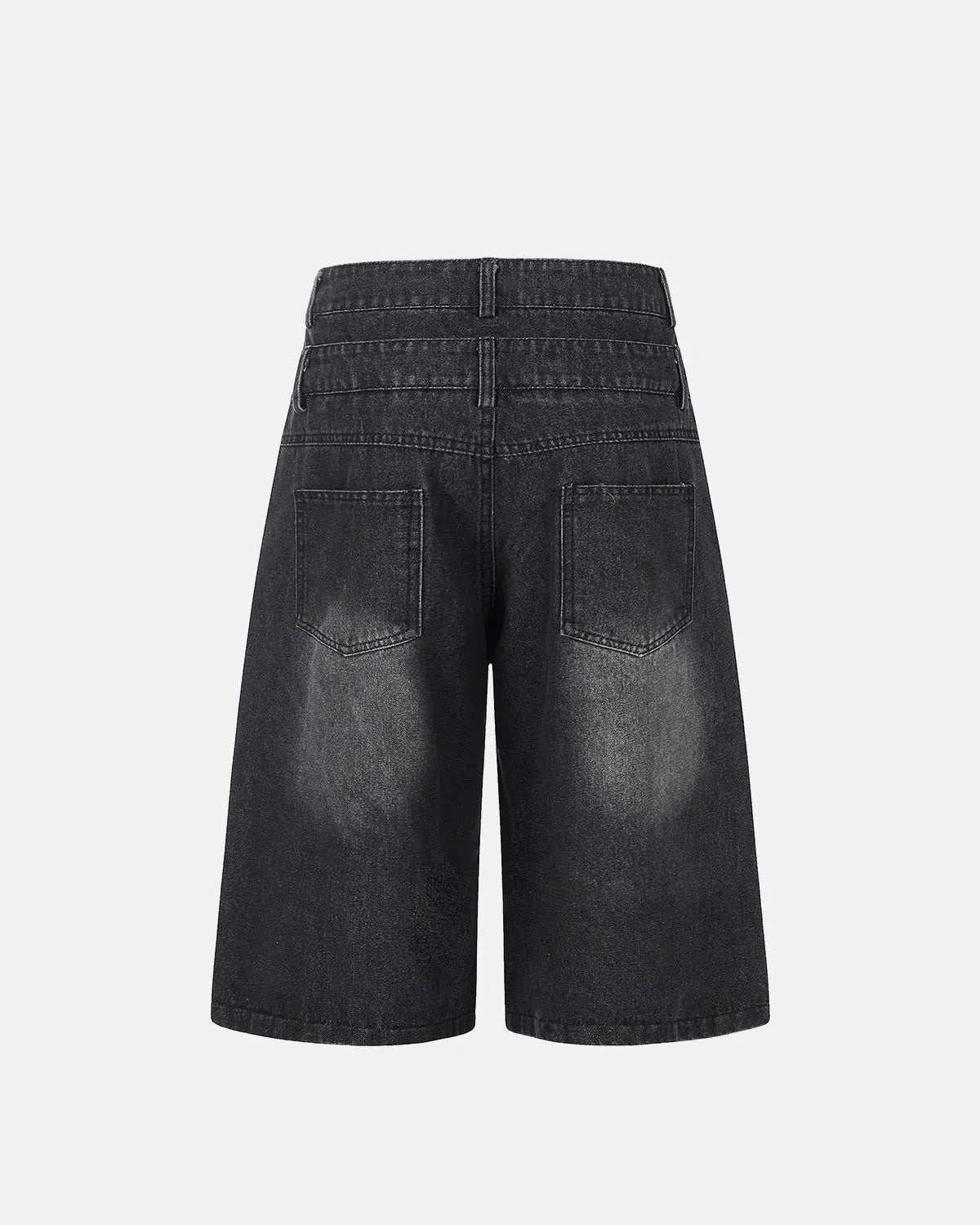 INFLATION Rhinestone Cross Double Waist Denim Jorts showing stylish distressed denim pants with rhinestone cross embellishments.