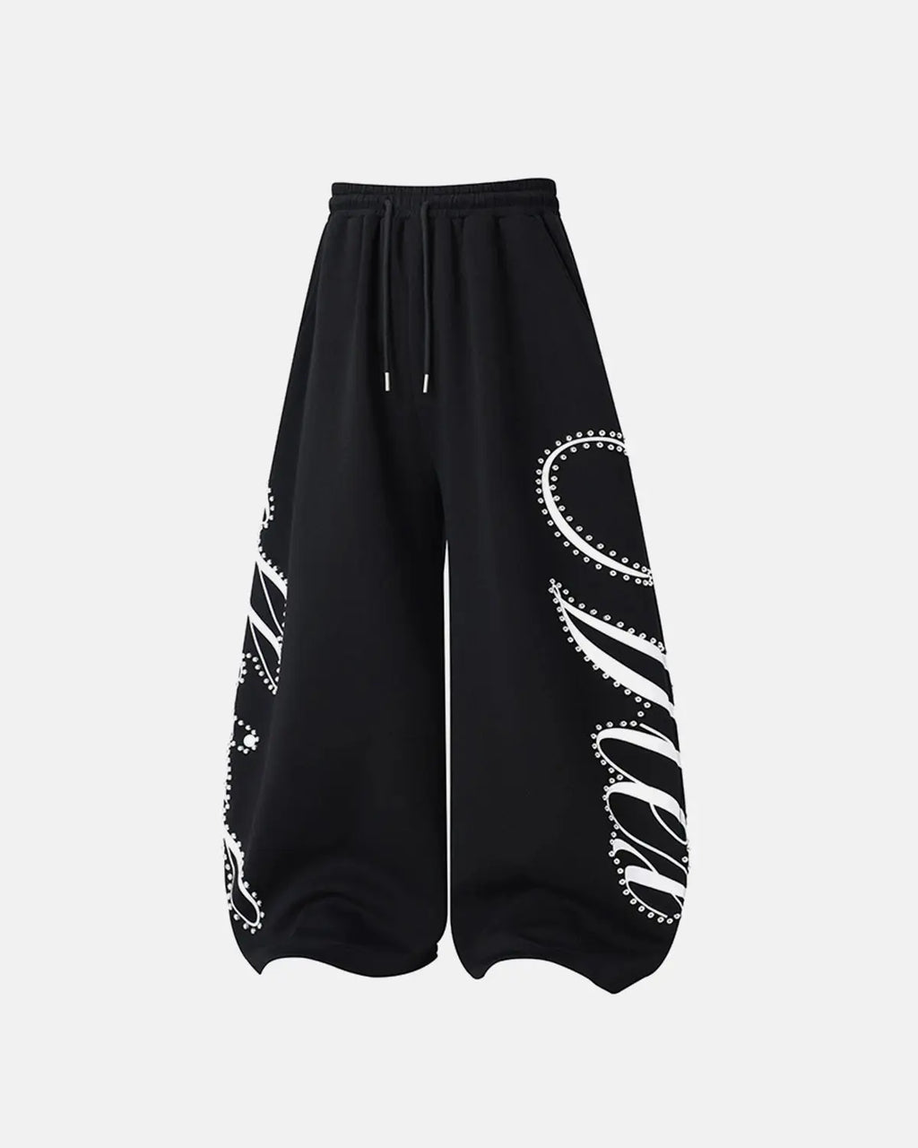 Inflation Streetwear rhinestone script baggy sweatpants with embellished lettering and relaxed fit, casual streetwear style.