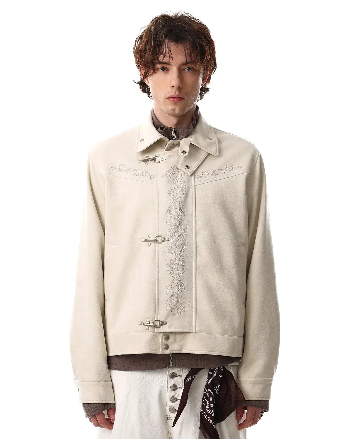 Inflation Streetwear embroidery jacquard cropped clasp jacket showing intricate patterned fabric and stylish collar detail.