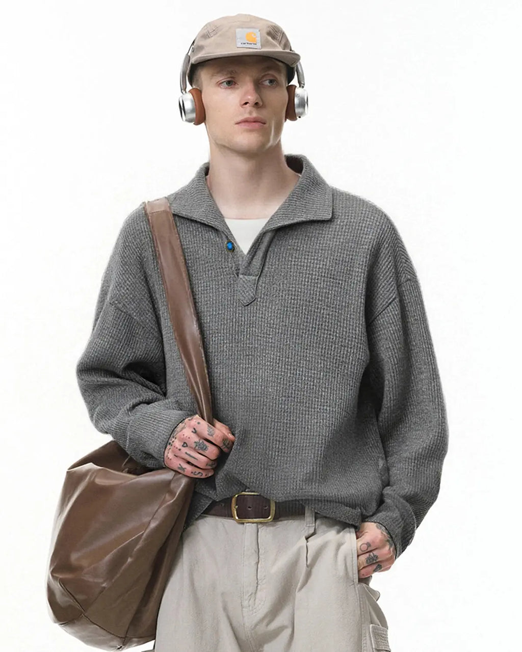 Inflation brand Old Money Style knitwear polo shirt, casual t-shirt with classic design and textured fabric, front view.