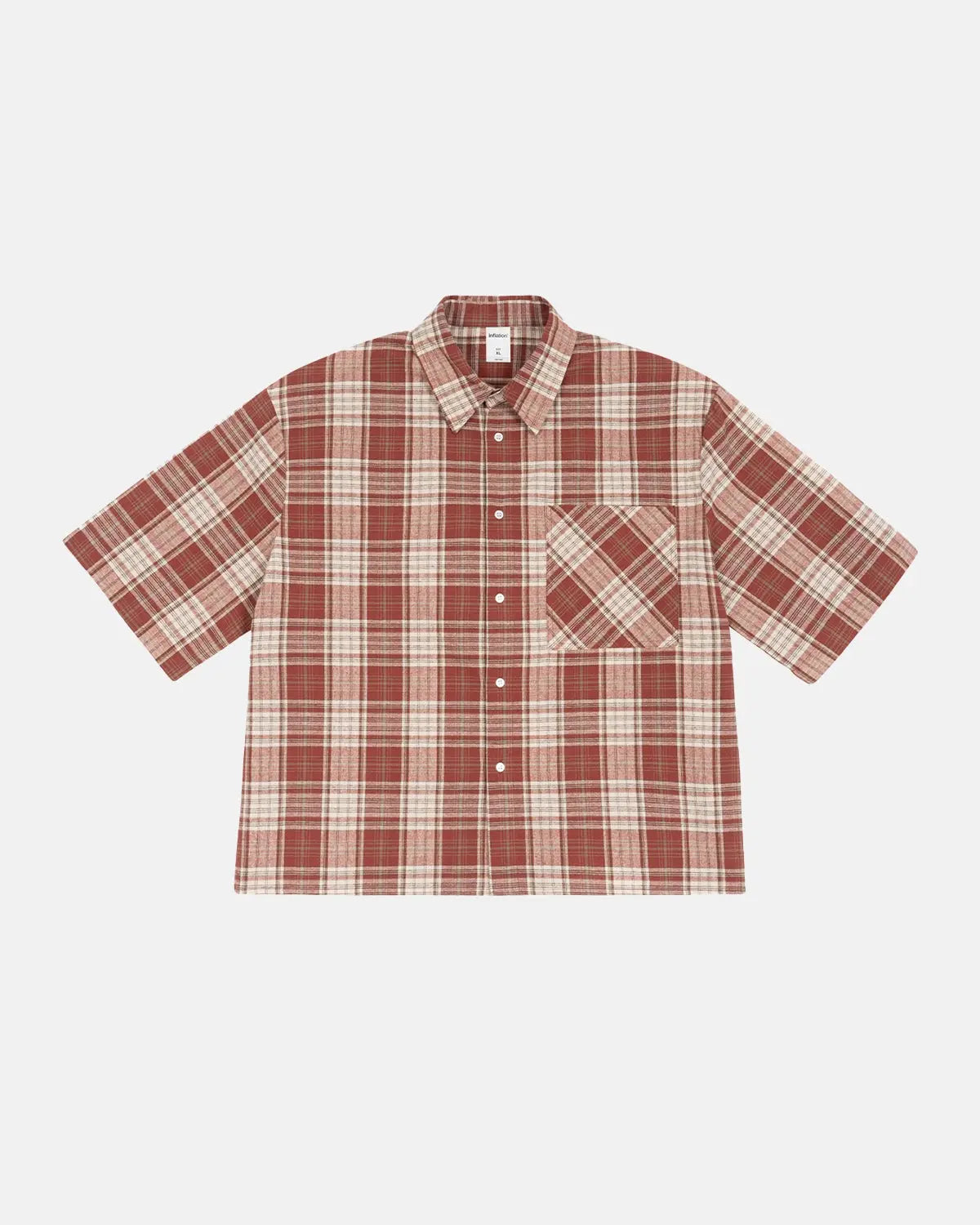 Inflation Streetwear boxy fit plaid shirt with classic red and black checkered pattern, long sleeves, and collar.