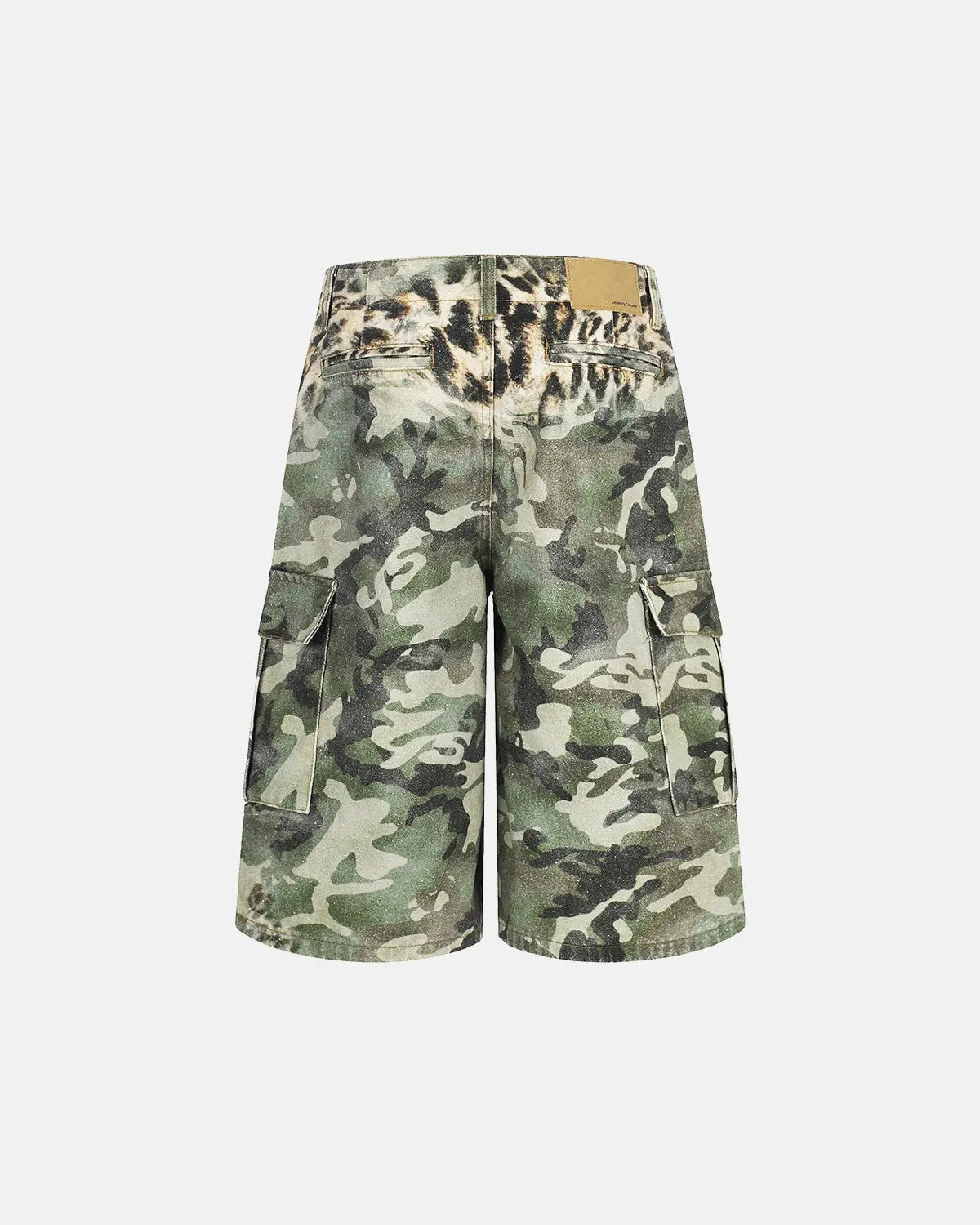 Leopard camo cargo longline shorts by INFLATION Streetwear featuring a bold animal print and extended length style.