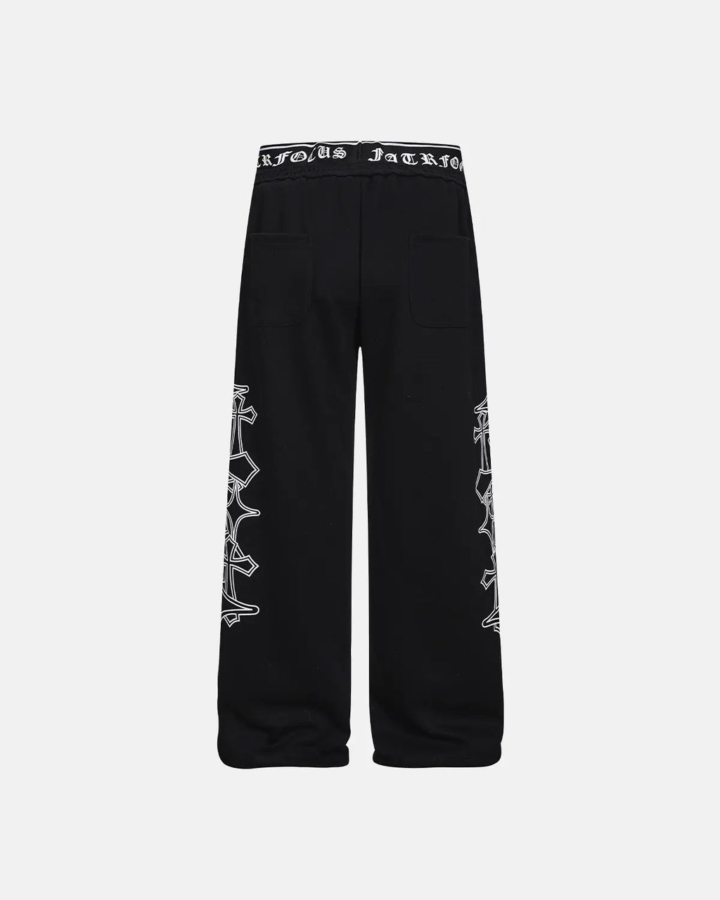 Black gothic layered baggy sweatpants by INFLATION with a loose fit and streetwear style, shown on a model.