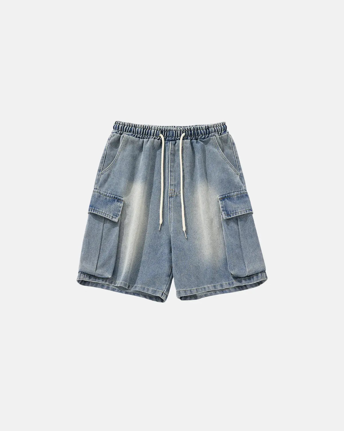 Inflation streetwear washed denim cargo shorts with drawstring, casual pants featuring multiple pockets and a relaxed fit.