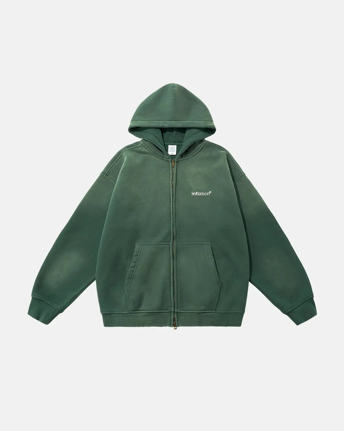 Green Monkey Wash Zip Up Hoodie by INFLATION, streetwear style with a front zipper and vibrant green monkey graphic.