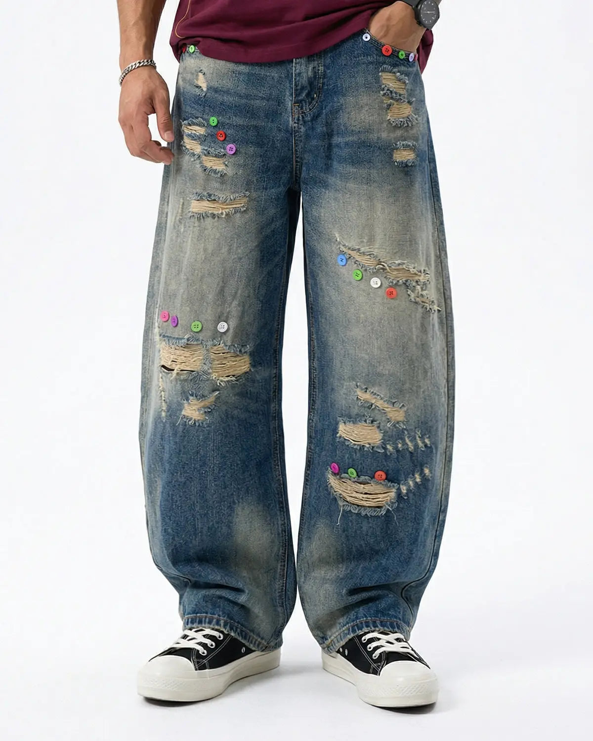 Distressed button barrel jeans by Inflation Streetwear, men's denim pants with ripped details and button fly closure.