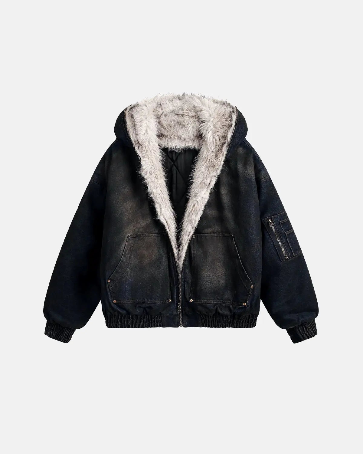 Faux fur lined acid wash bomber jacket from INFLATION streetwear, showing the textured fabric and cozy fur collar.