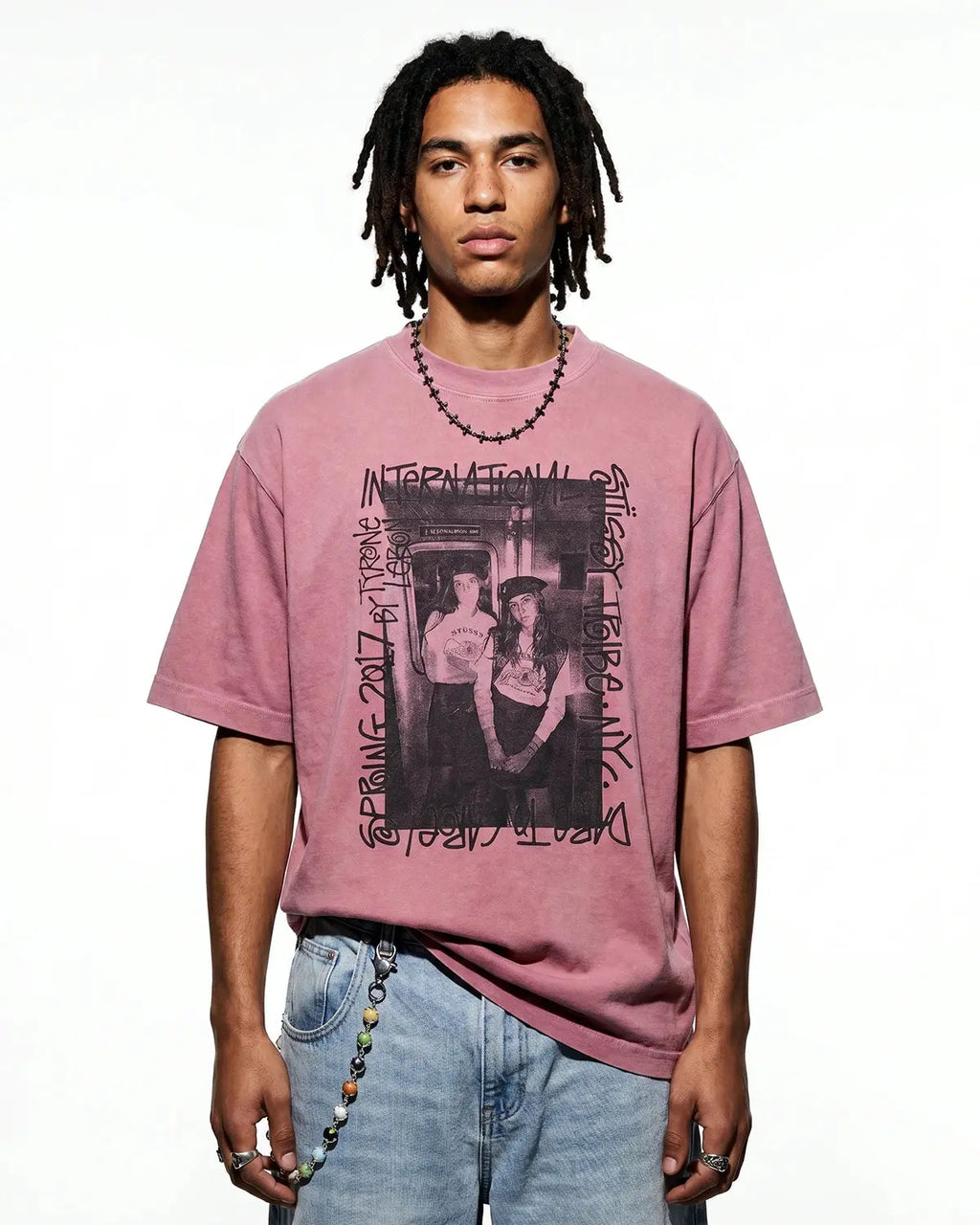 Vintage graphic washed oversized T-shirt by INFLATION featuring bold streetwear style and distressed design on soft fabric.