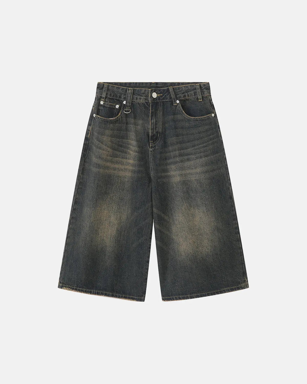Washed baggy denim jorts by INFLATION, featuring distressed details and a relaxed fit, styled as streetwear casual shorts.