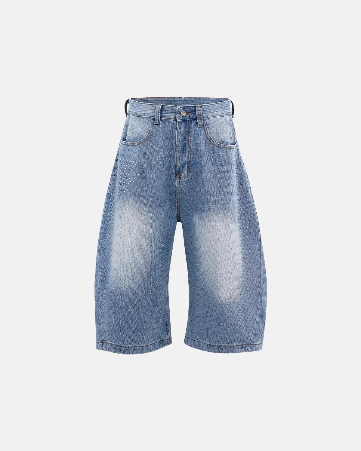 Star rhinestone longline denim shorts by INFLATION, showing the stylish distressed denim fabric with star embellishments and a longline fit.