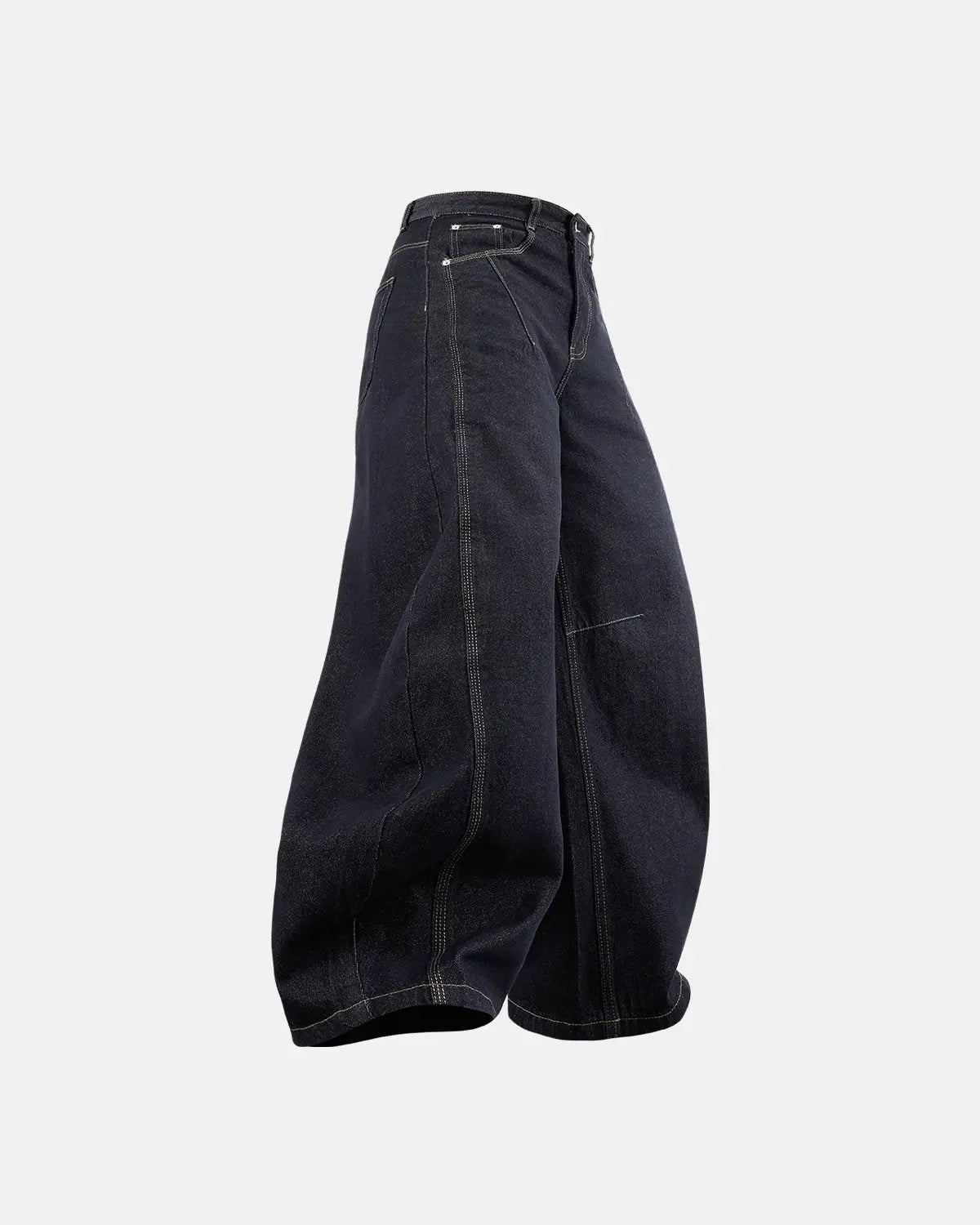 INFLATION Raw Color Barrel Baggy Jeans, casual pants with a relaxed fit and raw waistband, shown in natural light.