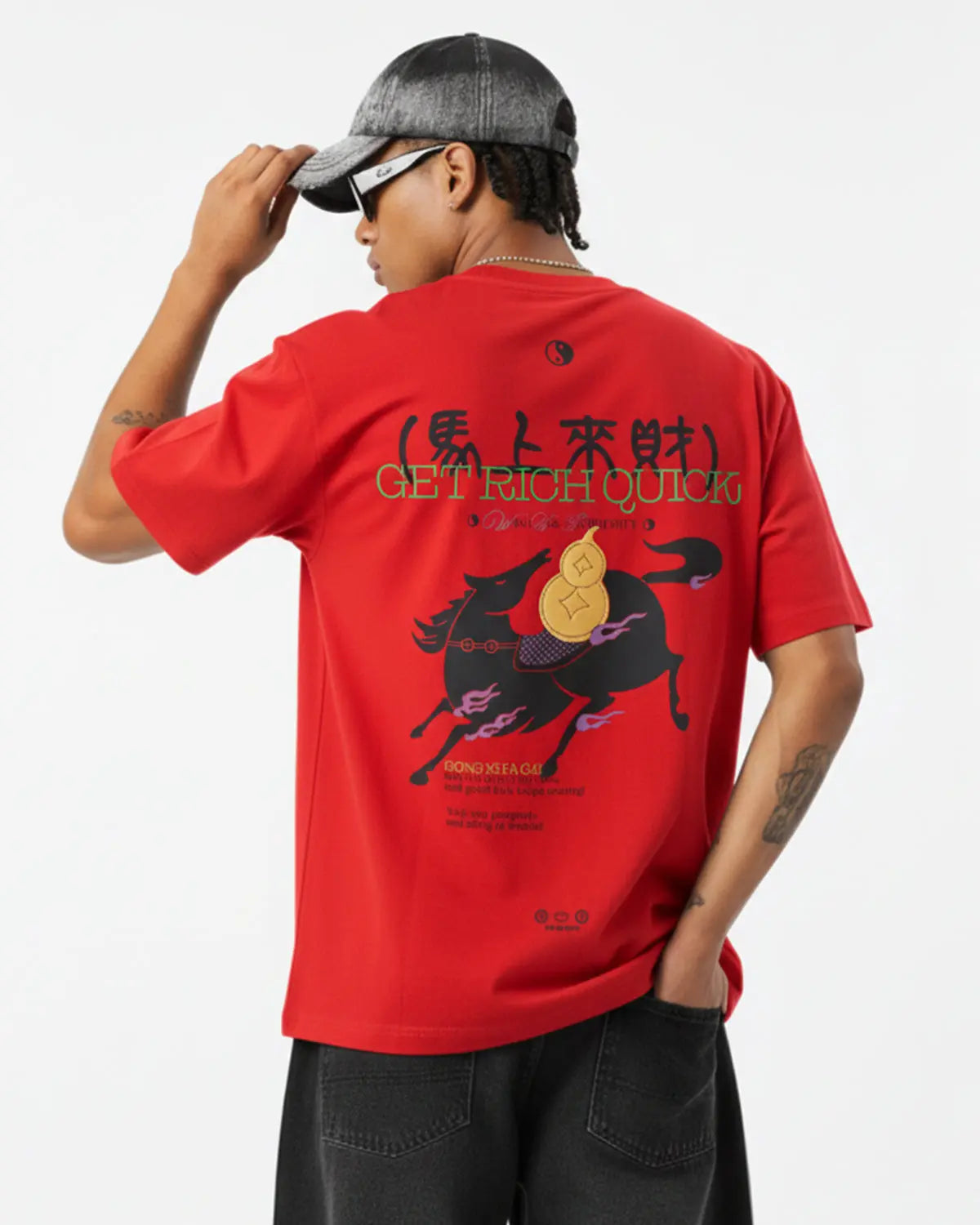 Inflation Streetwear Fortune Incoming T-shirt with bold graphic design in black and white, casual fit, front view.