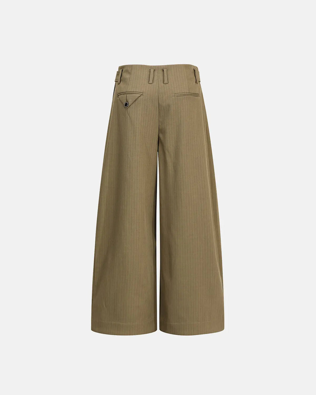 Inflation Streetwear pinstripe barrel suit pants with button details, tailored fit, and classic pinstripe pattern.