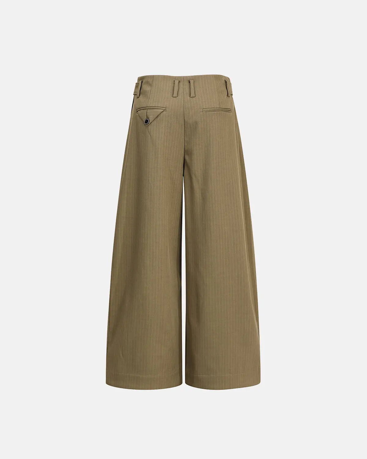 Inflation Streetwear pinstripe barrel suit pants with button details, tailored fit, and classic pinstripe pattern.