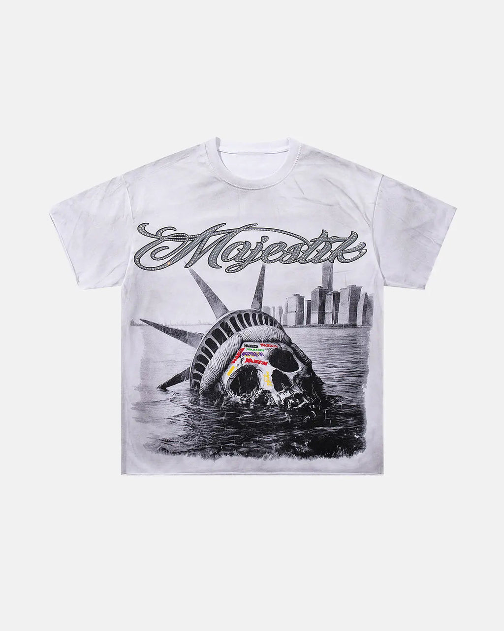 Rhinestone washed graphic T-shirt by INFLATION featuring bold graphic design and distressed denim wash for streetwear style.