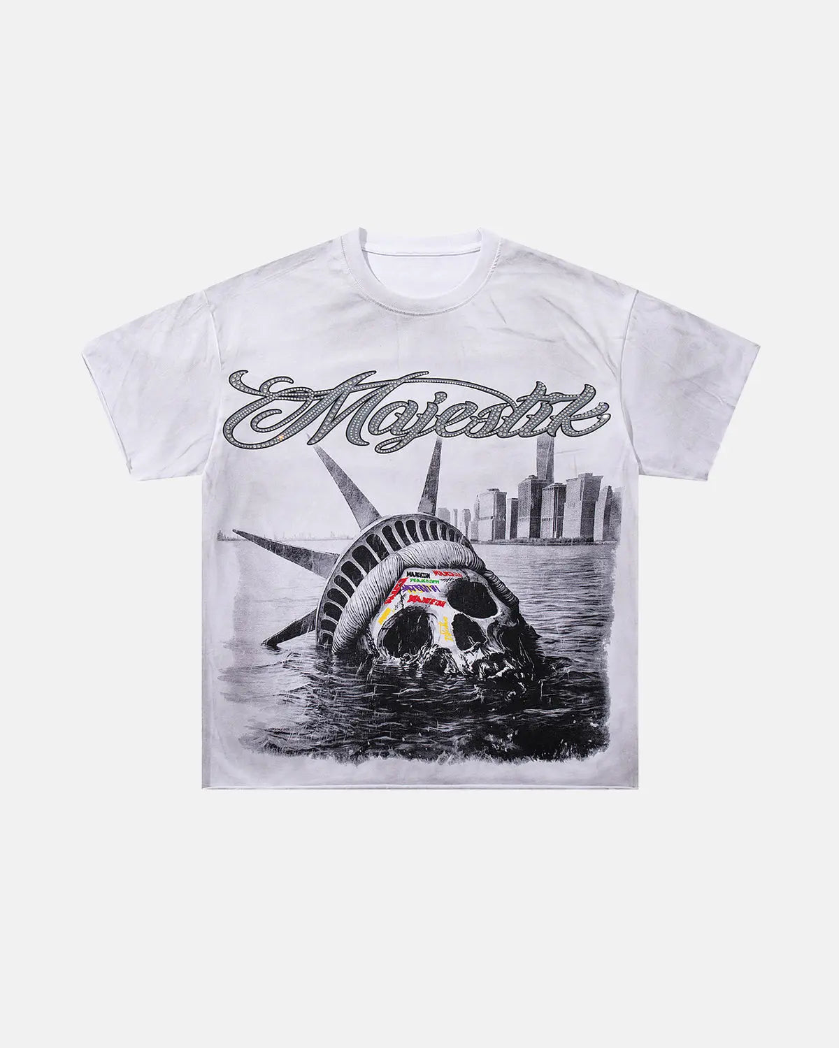 Rhinestone washed graphic T-shirt by INFLATION featuring bold graphic design and distressed denim wash for streetwear style.