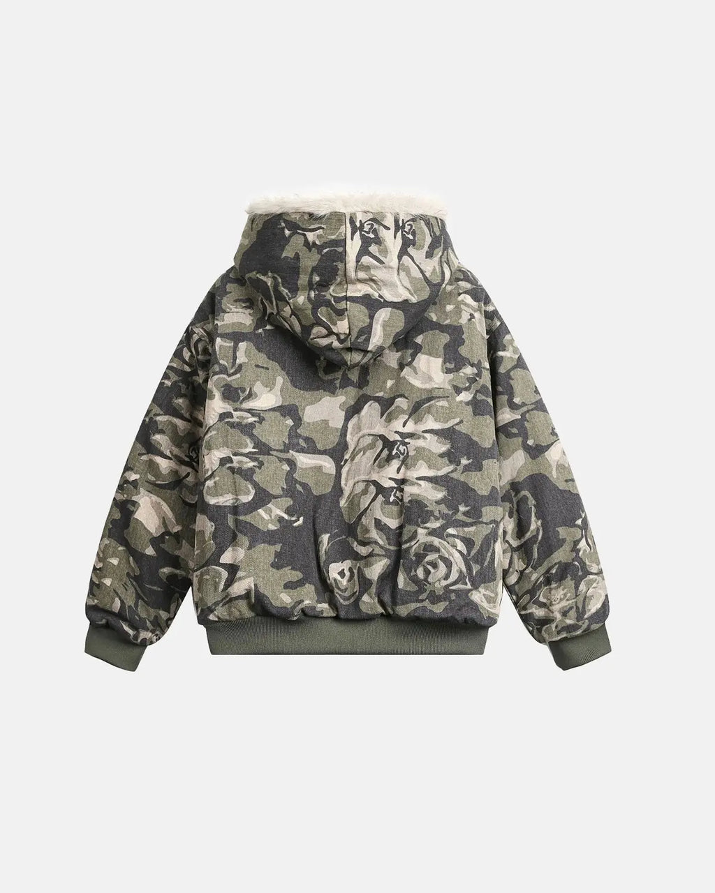 INFLATION Camo Faux Fur Padded Hooded Jacket showing camouflage pattern, faux fur trim, and quilted padding for streetwear style.