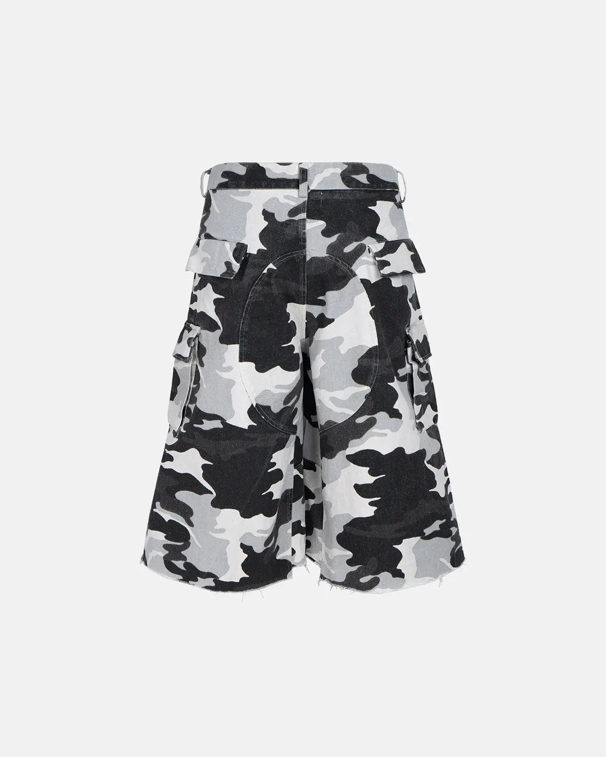 Inflation Glitter Camo Cargo Longline Shorts, stylish pants with glitter and camo pattern, designed for streetwear fashion.