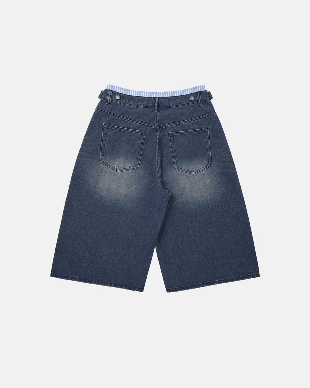Inflation Double Waist Baggy Jorts in denim, featuring a relaxed fit and distressed details, perfect for streetwear style.