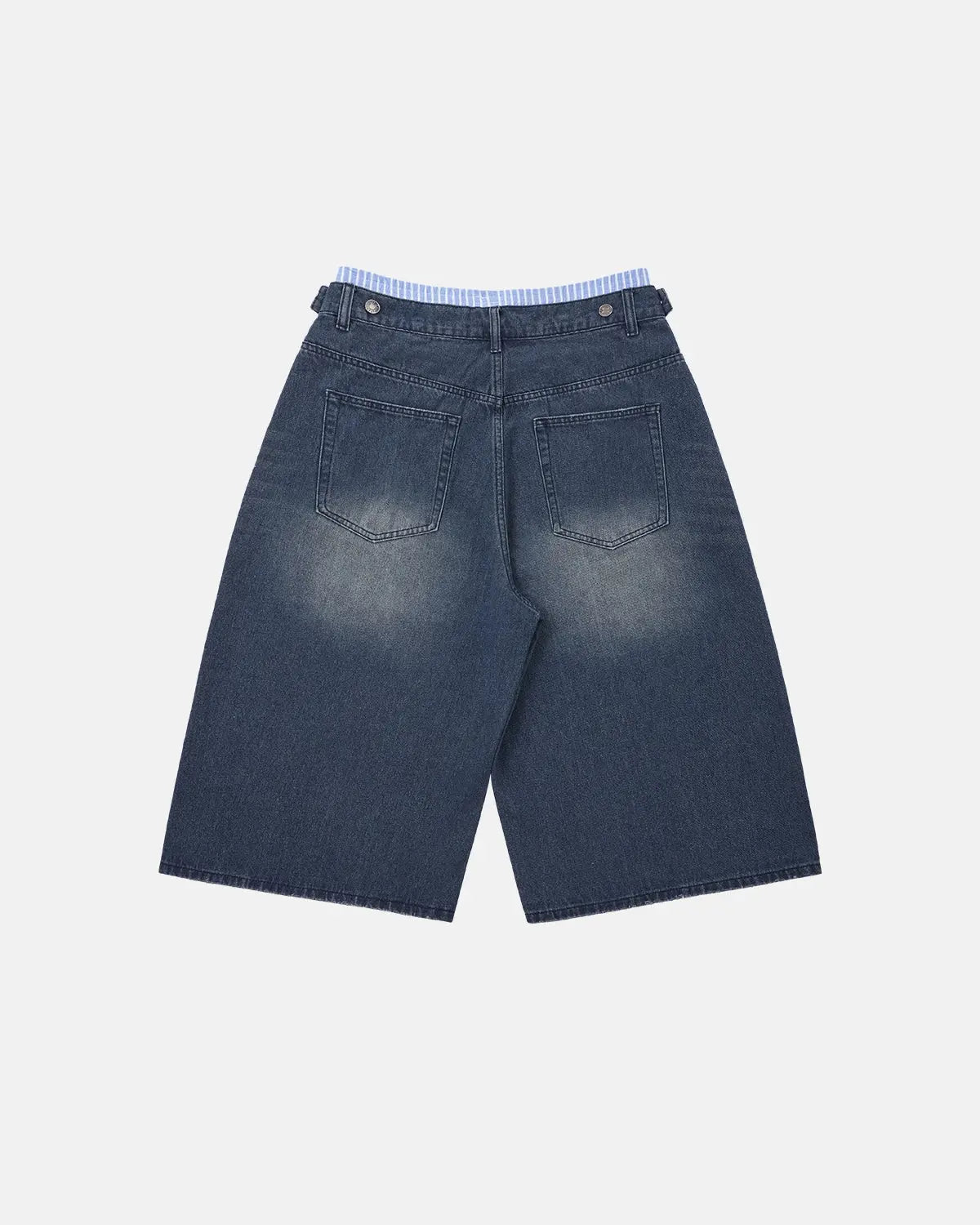 Inflation Double Waist Baggy Jorts in denim, featuring a relaxed fit and distressed details, perfect for streetwear style.