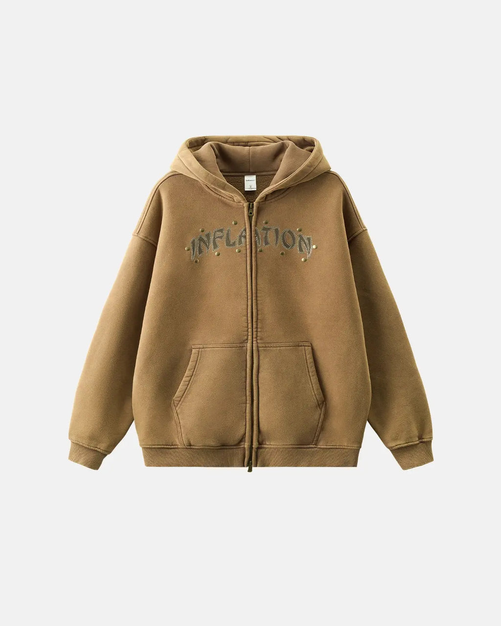 Inflation Streetwear Rivets Dragon Acid Wash Zip Up Hoodie with front zipper and bold dragon graphic design.