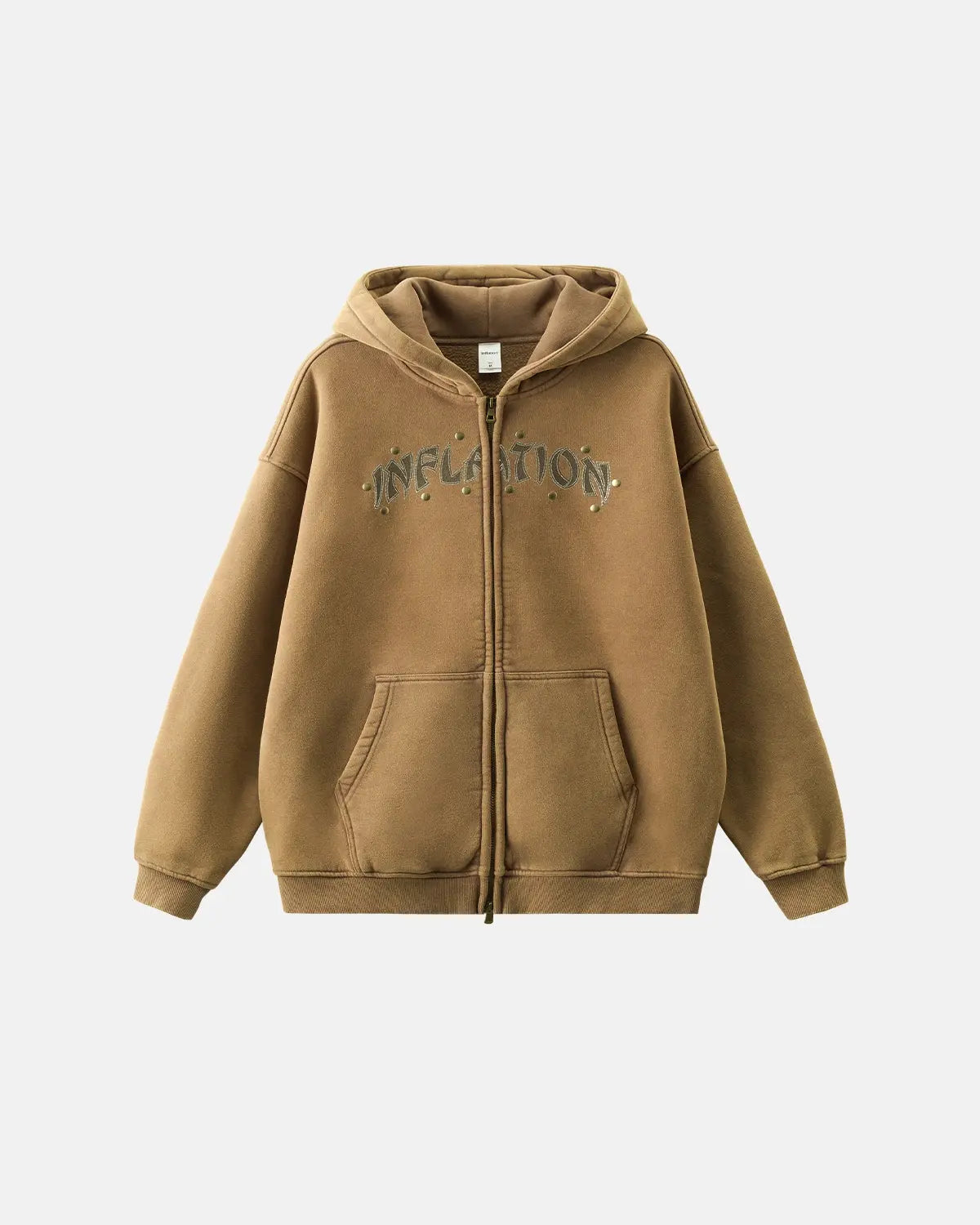Inflation Streetwear Rivets Dragon Acid Wash Zip Up Hoodie with front zipper and bold dragon graphic design.