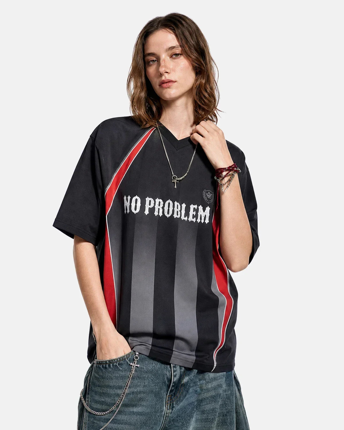 Color block letter graphic jersey tee by INFLATION Streetwear, featuring bold color blocks and modern letter designs.