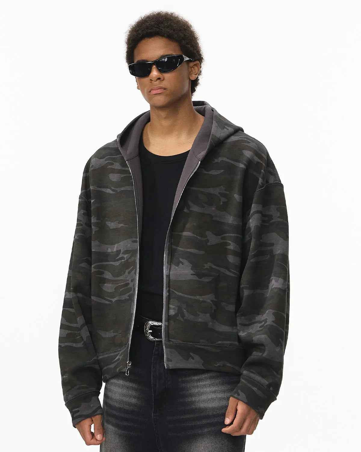 Reversible camo zip-up jacket by INFLATION, stylish streetwear with camouflage pattern and adjustable zipper closure.