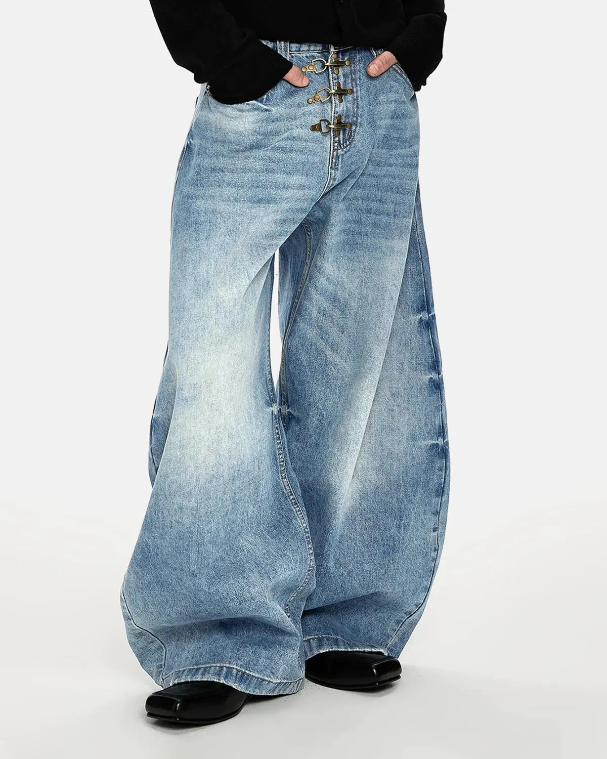 Acid Washed Whisker Clasp Barrel Jeans by INFLATION, stylish denim pants with whisker details and clasp accents, casual streetwear look